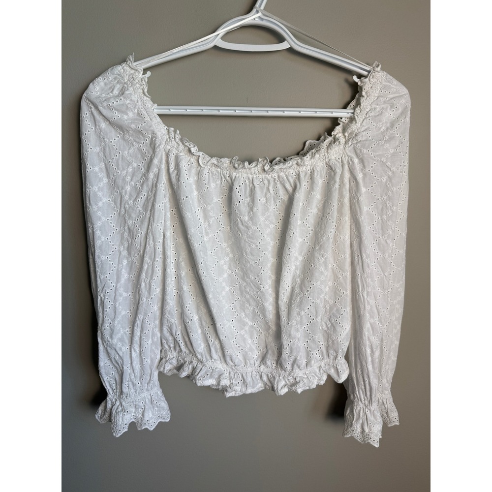 H&M Divided White Eyelet Off Shoulder Crop Top Boho Coquette Cottagecore Size 6